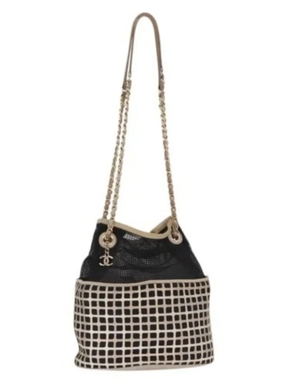 CHANEL Chain Shoulder Bag Nylon Leather Black Gold CC Auth bs32086